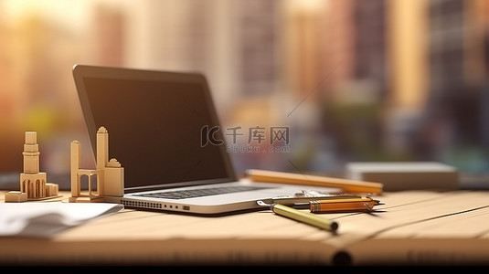桌上笔记本电脑和文具的 3D 渲染插图，背景模糊