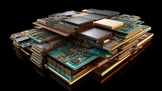 科技cpu背景图片_3d 渲染的 CPU 芯片或微芯片堆