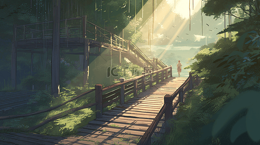 卡通小场景背景图片_阳光森林里的建筑背景