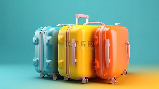 彩色背景上的旅行概念 3D 手提箱行李箱，带有文本空间