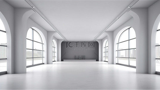 现代室内设计概念，以 3D 渲染中的空白空间和前视图背景为特色