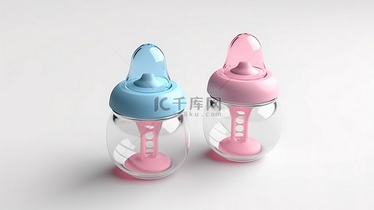 婴儿奶瓶的白色背景模型，带有盖子和奶嘴，粉红色和蓝色色调以 3D 渲染