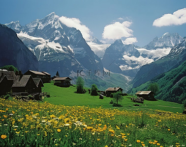 安逸山村背景图片_春天的时候，山下有一个山村