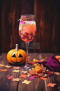 木桌上的橙色南瓜饮料杯和五彩纸屑