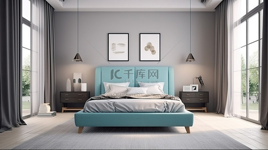 双人床背景图片_3D 渲染展示了正面视图卧室中的当代蓝色和灰色双人床