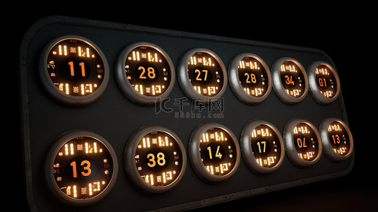 机场模板背景图片_带数字显示的模拟机场倒计时器的 3D 插图
