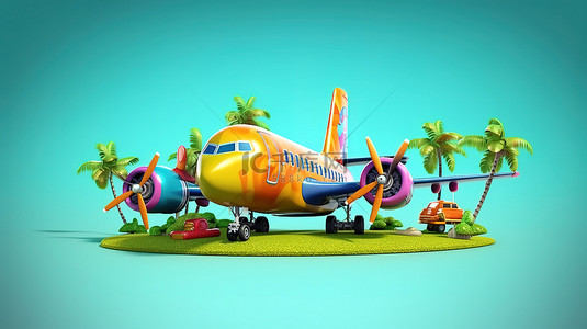 以 3D 渲染的度假主题卡通飞机