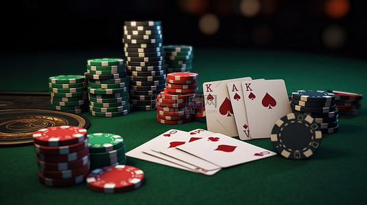 在线赌场概念 3D 插图扑克筹码扑克牌和绿色桌子上的红色骰子与金钱