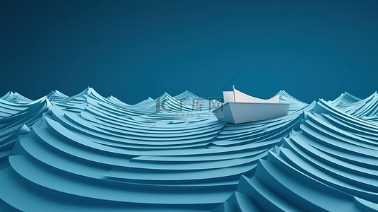 蓝色海洋梦想蓝色背景上的船纸和波浪的 3D 渲染