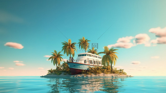 宁静的热带天堂棕榈树和海洋中的小船描绘了放松和宁静的 3D 渲染