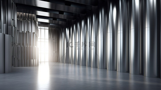 光滑的灰色色调空间大厅的 3D 渲染，配有手风琴折叠墙隔断和光滑的地板