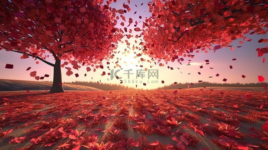 日落辉煌 3D 渲染树木装饰着飘落的红叶