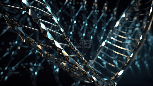 金属 DNA 螺旋 3D 在抽象背景下渲染医学概念