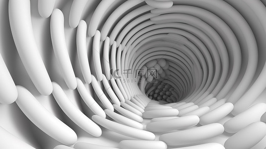 同心圆抽象背景中扭曲管和白色圆圈的 3D 插图