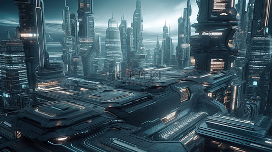 城市和背景图片_3D 视觉效果中的未来城市和宇宙飞船