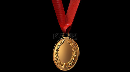 金徽章和絲帶背景图片_冠军的荣耀金牌和红丝带奖杯挂在运动员胸前，作为体育 3d 渲染第一名胜利的象征