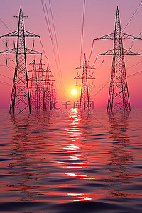 日落时海洋中的输电塔