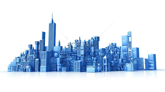 大城市大背景图片_白色背景下大城市中渲染的 3D 组蓝色交叉建筑