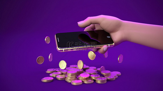 网上背景背景图片_在充满活力的紫色背景下，数字货币和现代技术手持智能手机和 3d 硬币