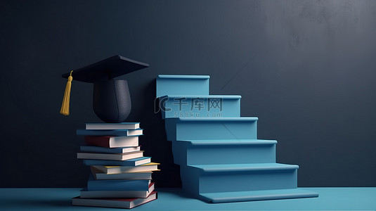 努力毕业 3d 渲染楼梯书籍和蓝色背景上的帽子