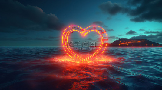 爱心灯牌背景图片_抽象超现实 3D 插图中漂浮在海面上的霓虹灯心形标志