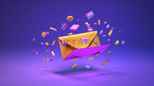 紫色 3D 渲染卡通信封信号传入邮件时事通讯和在线电子邮件概念的插图