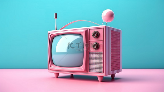 电视机天线背景图片_蓝色背景上带有天线的老式粉色电视机 3D 渲染图像