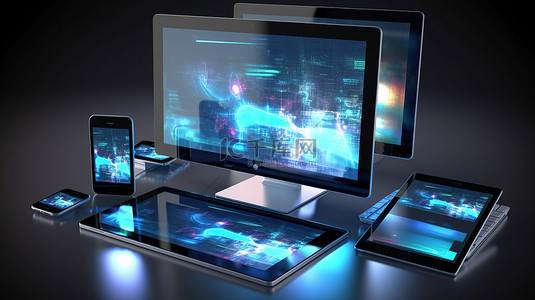 苹果手机样机模板背景图片_数字三重奏 3D 渲染桌面移动和平板设备