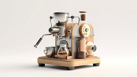 白色背景上的浓缩咖啡机和木制咖啡磨的 3D 渲染