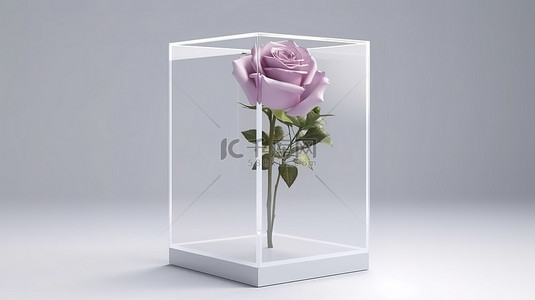 带有令人惊叹的紫色玫瑰花的玻璃展示立方体模型的 3D 渲染
