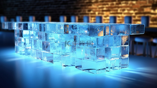 装饰宣传背景图片_冰块吧台的 3D 渲染