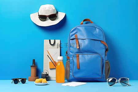 背包夹子背景图片_蓝色背景上的包相机太阳镜和背包以及其他配件