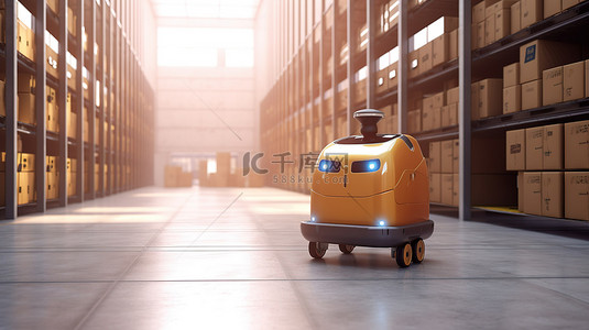 自动化仓库概念中送货机器人携带箱的 3D 渲染