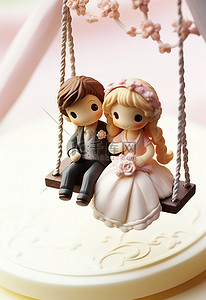 树藤秋千背景图片_小情侣拿着结婚蛋糕坐在秋千上