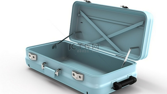 折扣白色背景图片_白色背景突出了 3d 渲染的浅蓝色手提箱打开并准备打包