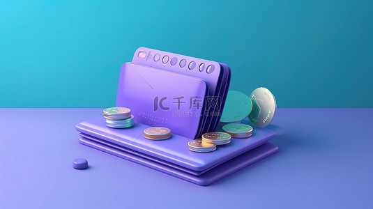 省钱变得容易 3d 图标与钱包硬币和信用卡在紫色背景