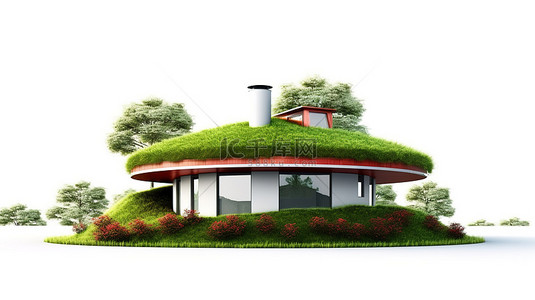 房屋安全背景图片_现代小屋，在白色背景 3D 渲染的郁郁葱葱的圆形草坪上设有充满活力的红色屋顶