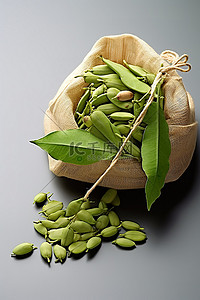一袋种子背景图片_袋子里装着山药叶，里面有一袋豌豆和种子