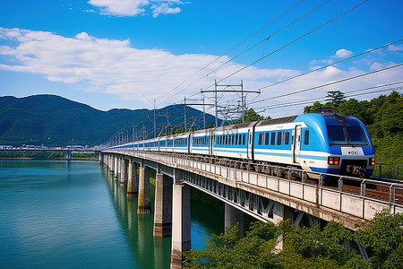 蓝色和白色的火车在水面上行驶