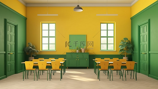 宽敞的经典学校教室，配有黄墙白粉笔和绿色椅子，3D 渲染