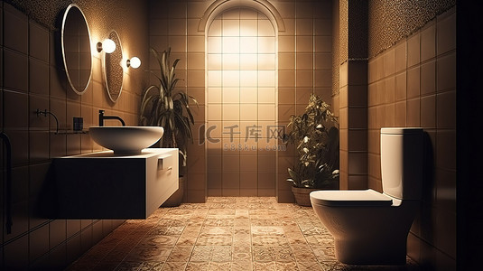令人惊叹的暖色调厕所，配有精致的瓷砖和 D Cor 3D 渲染
