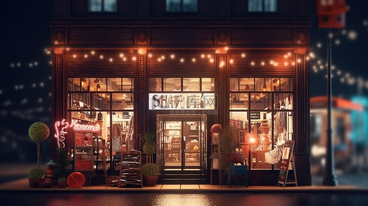 夜间商店展示以 3D 渲染销售横幅为特色