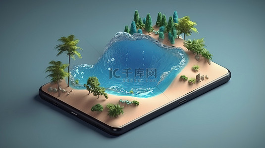 海环绕岛背景图片_3D 等距海滩，有棕榈树和智能手机，周围环绕着蓝色海洋
