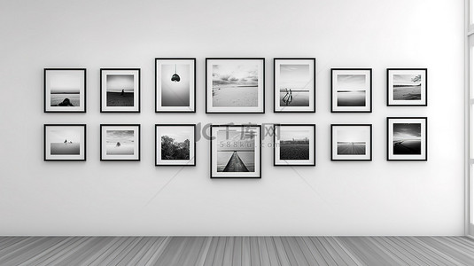 灰色墙上的各种带框照片，尺寸各异，以 3D 生成