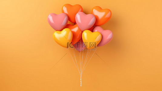 充满活力的心形气球簇拥在大胆的橙色墙壁上水平横幅 3D 插图渲染