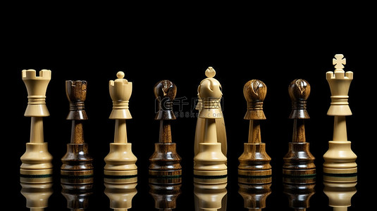 注射套装背景图片_协作木制国际象棋套装在黑色背景上令人惊叹的 3D 渲染