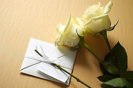 膠花背景图片_桌子上黄色信封旁边的一朵白玫瑰