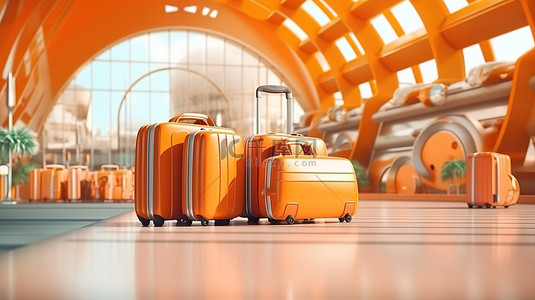 抽象几何机场卡通与橙色行李 3D 渲染的运输概念