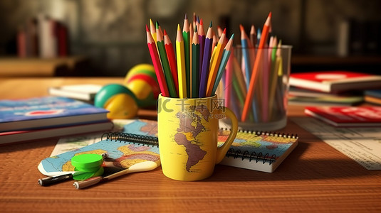 学校主题 3D 渲染书籍铅笔和桌上的咖啡杯