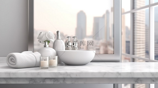 时尚面背景图片_时尚的白色桌面，在模糊的现代浴室背景 3D 渲染上拥有充足的空间